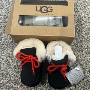 UGG Black Baby Booties with Red Laces and Cream Lining